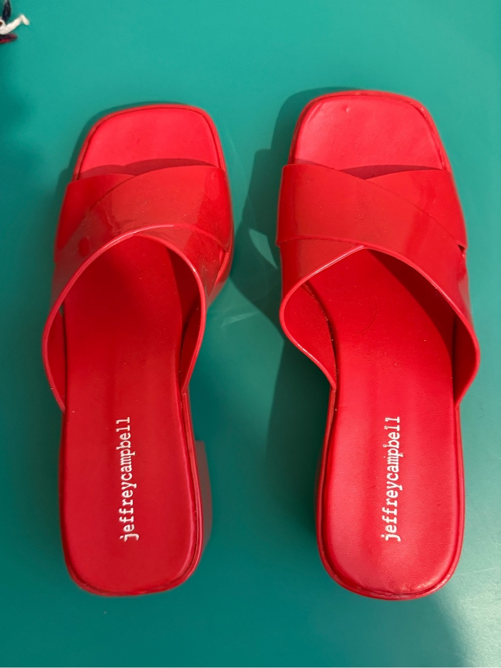 Jeffrey Campbell Red Crisscross Slide Mules